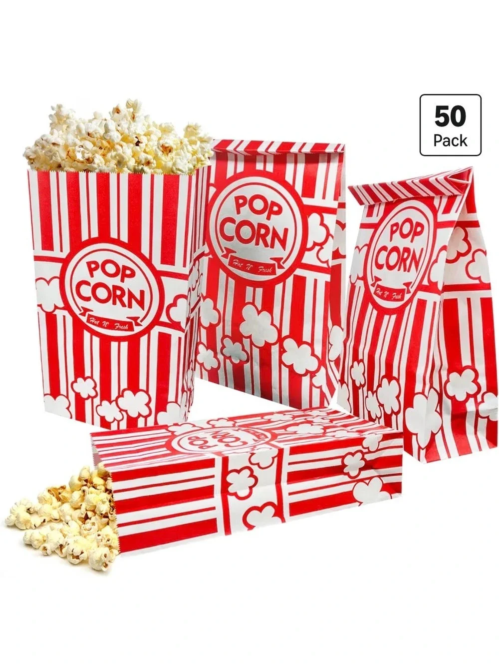 50 Pack Red and White Popcorn Bags with Flat Bottom and Leak Proof Design